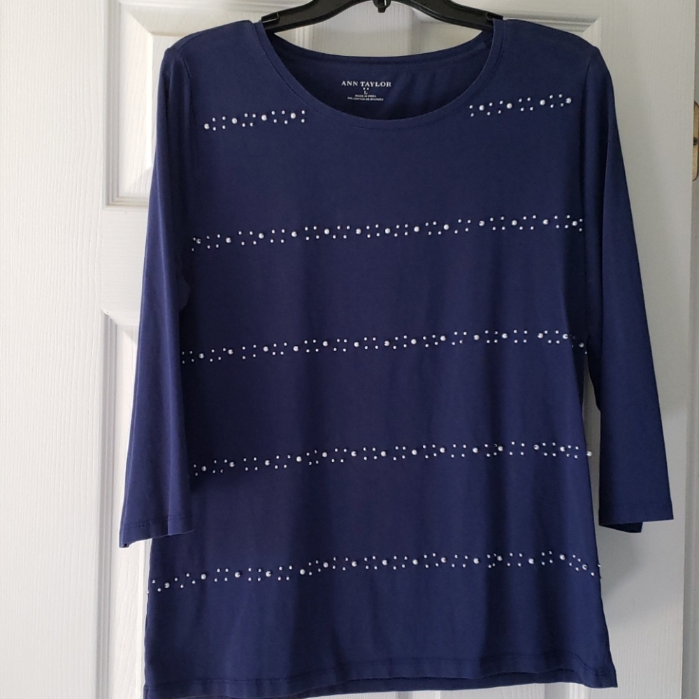 Ann Taylor pearl beaded top blue